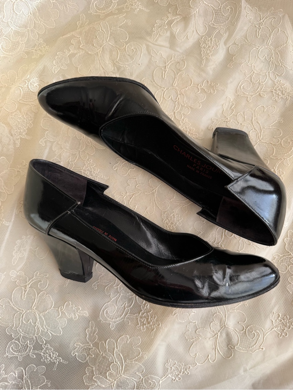 Charles Jourdan Black Patent Pointed Pumps 90s French Luxury Designer